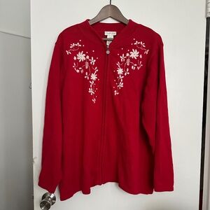 Vintage Floral Embroidered Red Zip Cardigan
